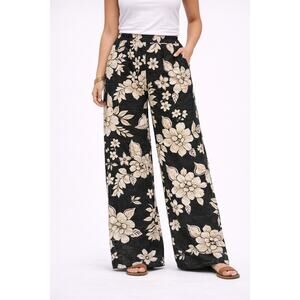 Torrid Floral Wide Leg Crop Pants Womens Size 0 Large Black Beige Pull On